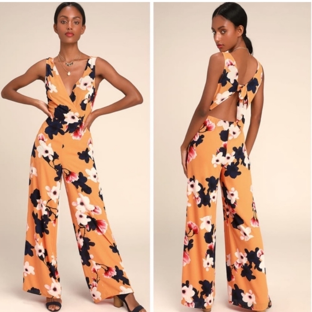 Lulu's NWT XS heart abloom orange floral print wide leg jumpsuit